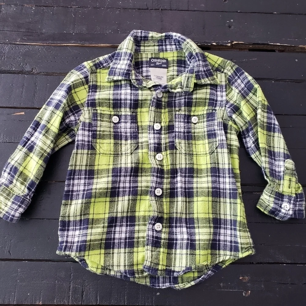 OshKosh Toddler Boy 2T Long Sleeve Flannel Button Up Shirt Blue Green Plaid Top